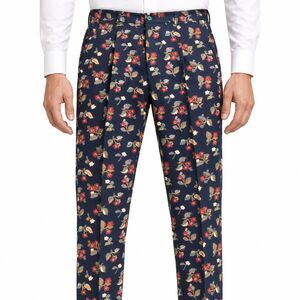 Mens 36 Navy Blue Floral Print Cotton Slim Fit Flat Front Dress Pants Trousers